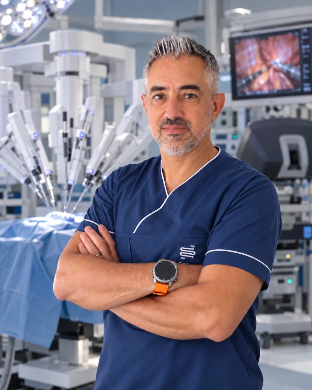 Dr Marinos Vasilas in a Da Vinci robotic surgery operating room